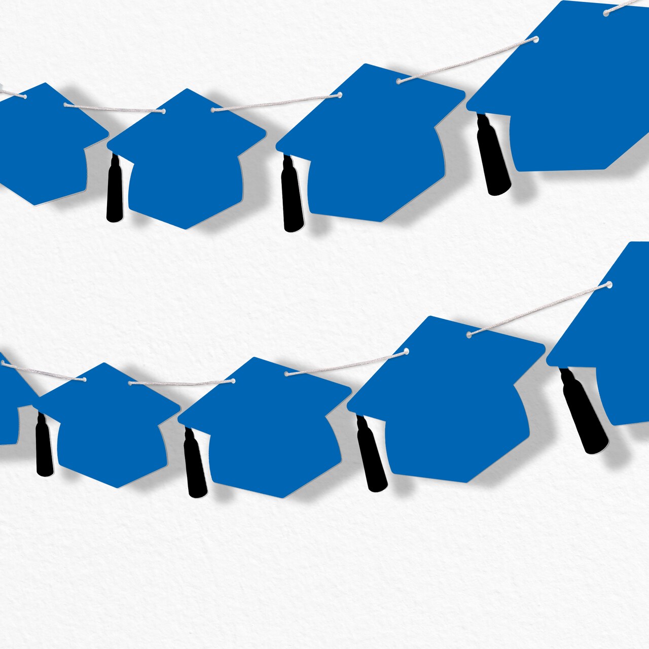 Big Dot of Happiness Blue Graduation Cap Garland Banner, High School or Elementary Graduate Photo Backdrop, 10 Feet of Cord, 15 Hats with Tassels